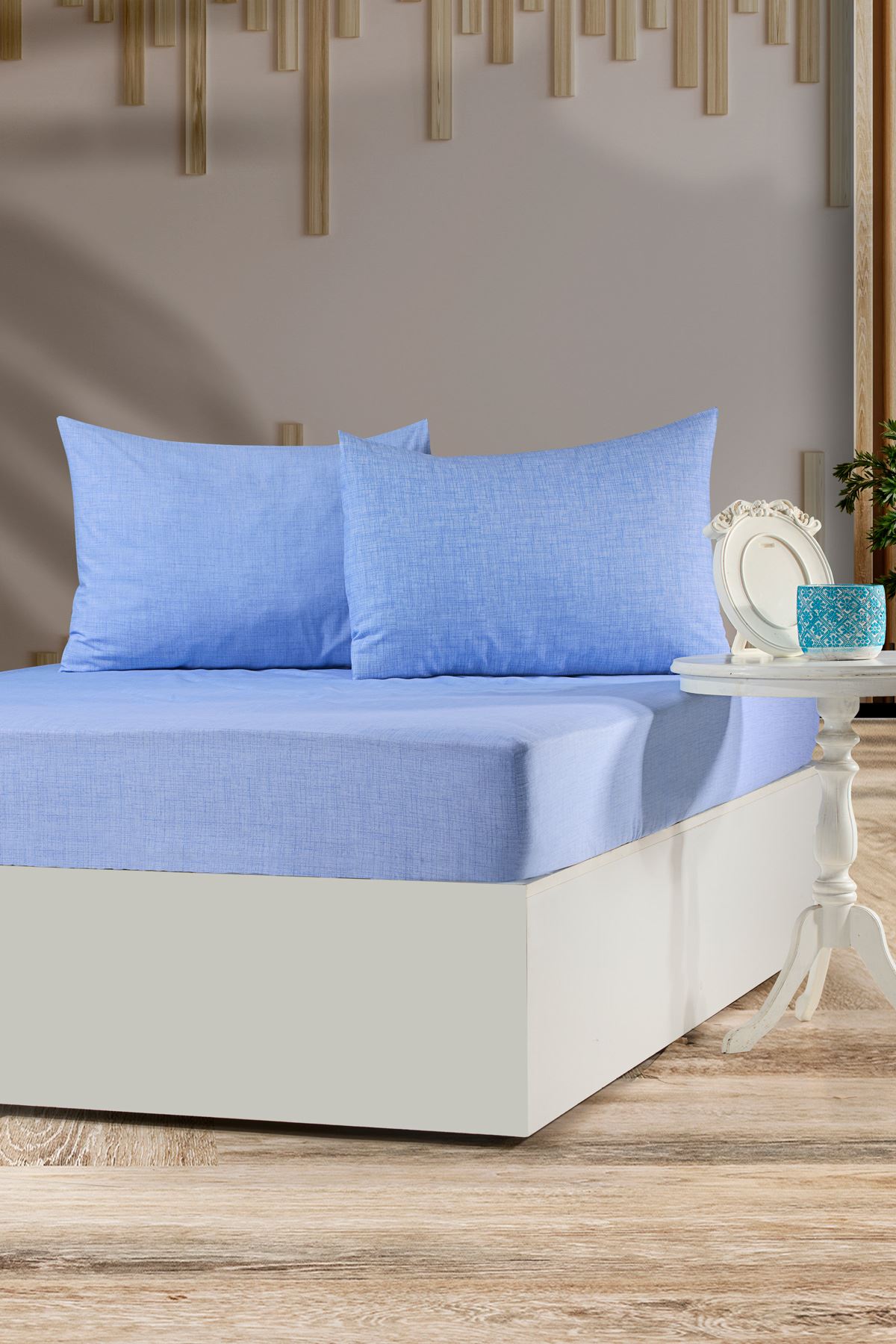 Tekstilla Rosa Lastikli Fitted Mavi Renk 2 Adet Yastık Kılıflı Çarşaf Seti