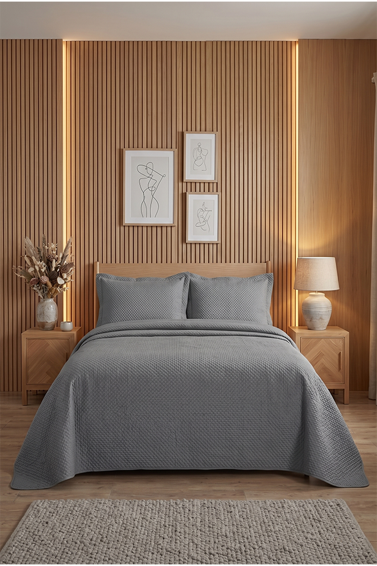 Aytunç Gri Çift Kişilik Yastık Kılıflı Yatak Örtüsü 240x260 Cm