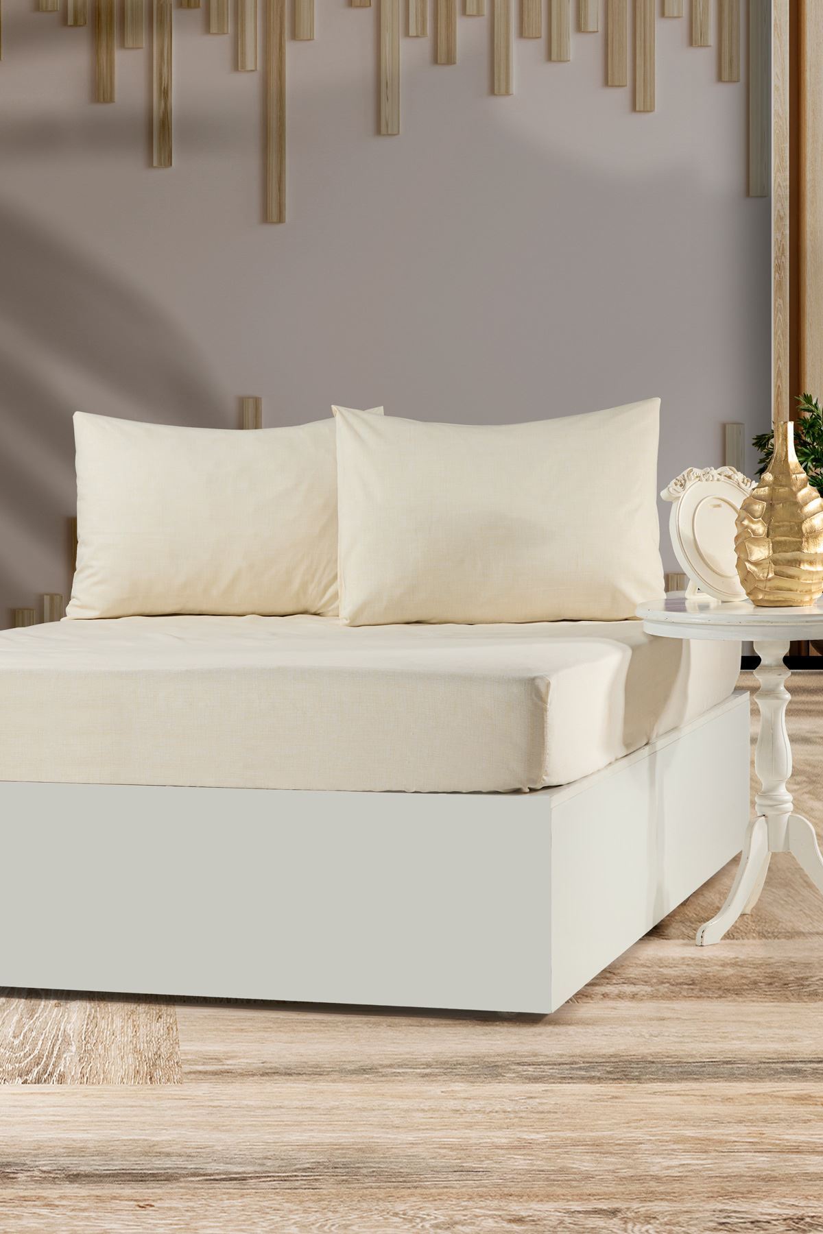 Tekstilla Rosa Lastikli Fitted Krem Renk Çift Kişilik Yastık Kılıflı Çarşaf Seti