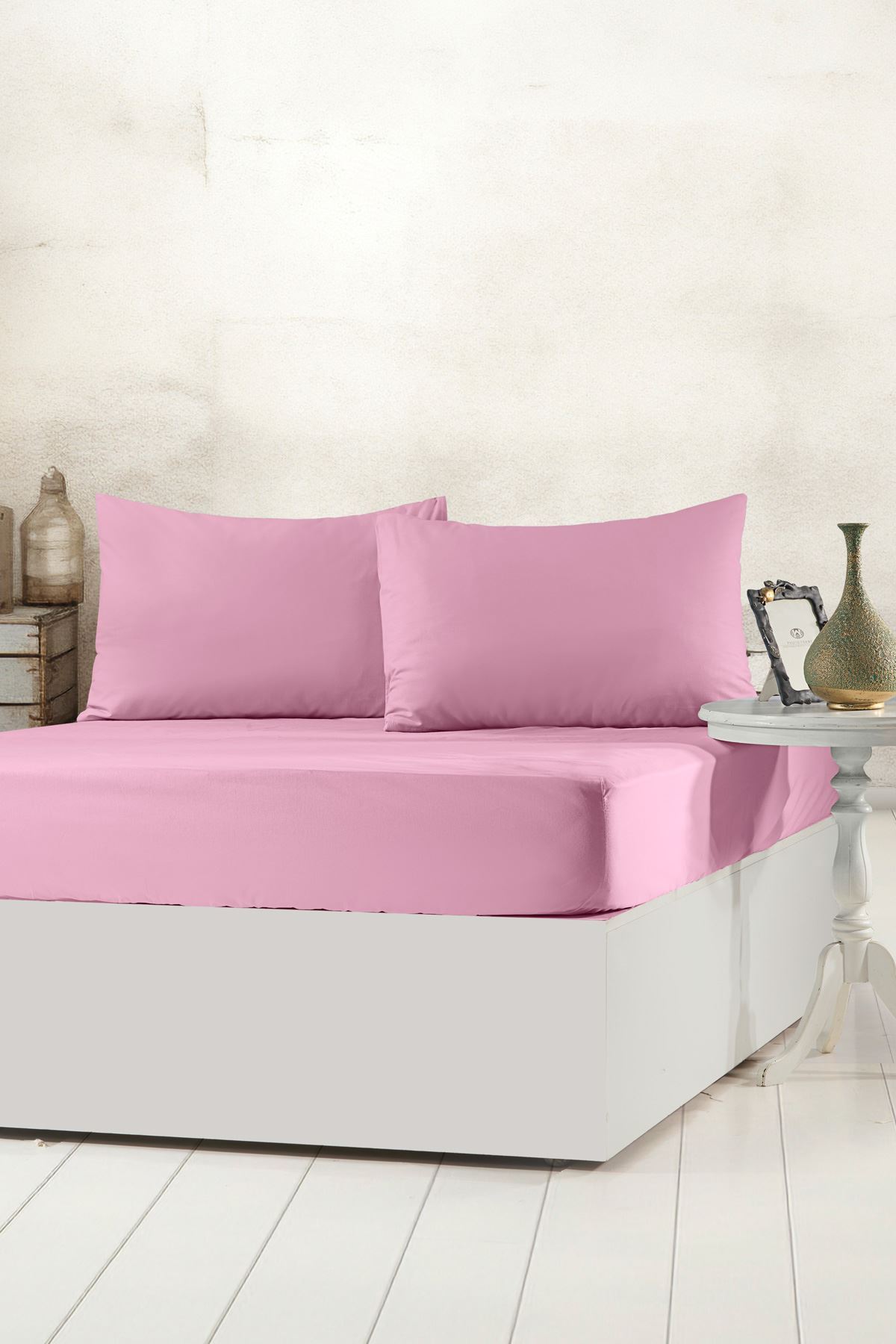 Aytunç Lisa Lastikli Fitted Pembe Renk Çift Kişilik Yastıklı Çarşaf Seti