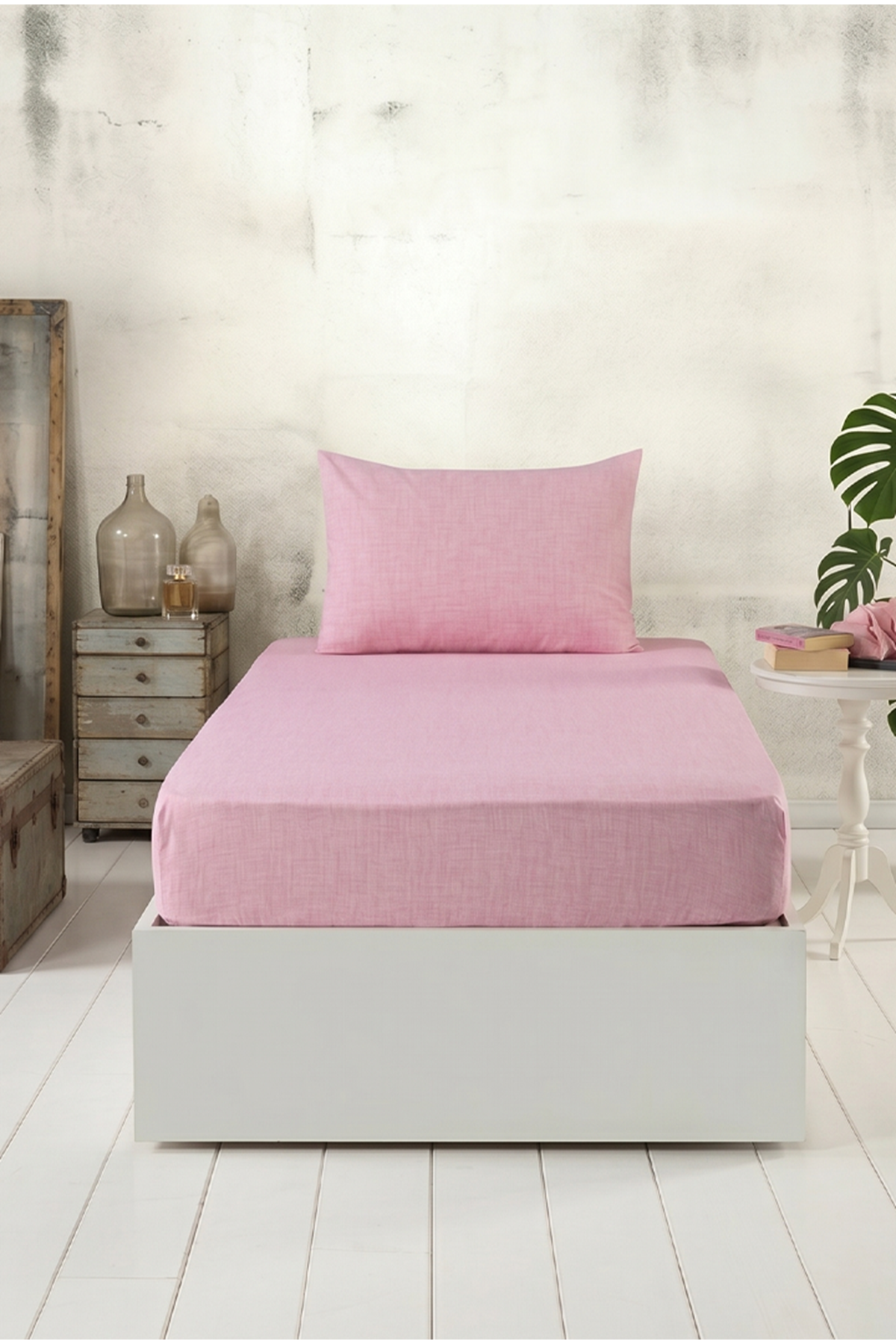 Tekstilla Rosa Lastikli Fitted Pudra Renk Tek Kişilik Yastık Kılıflı Çarşaf Seti