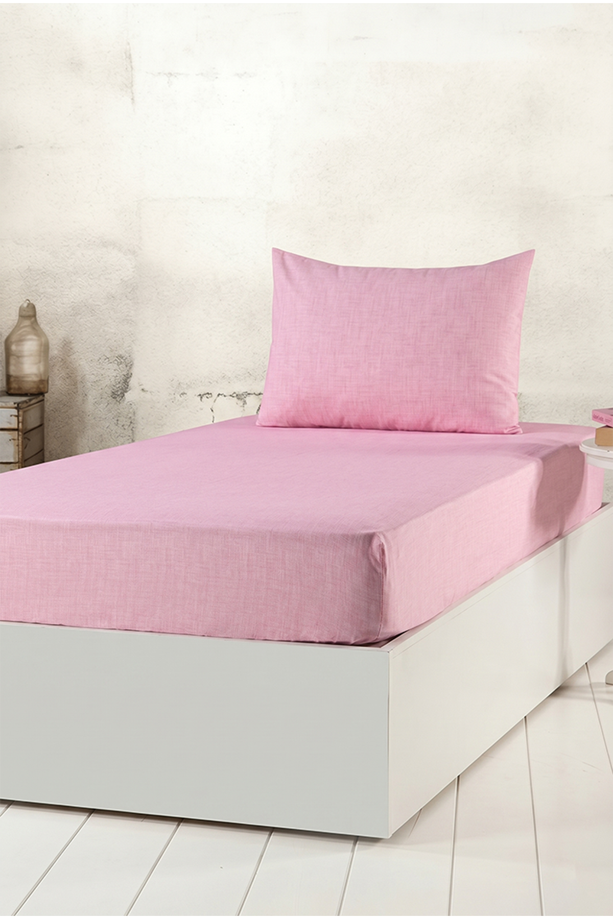 Tekstilla Rosa Lastikli Fitted Pudra Renk Tek Kişilik Yastık Kılıflı Çarşaf Seti