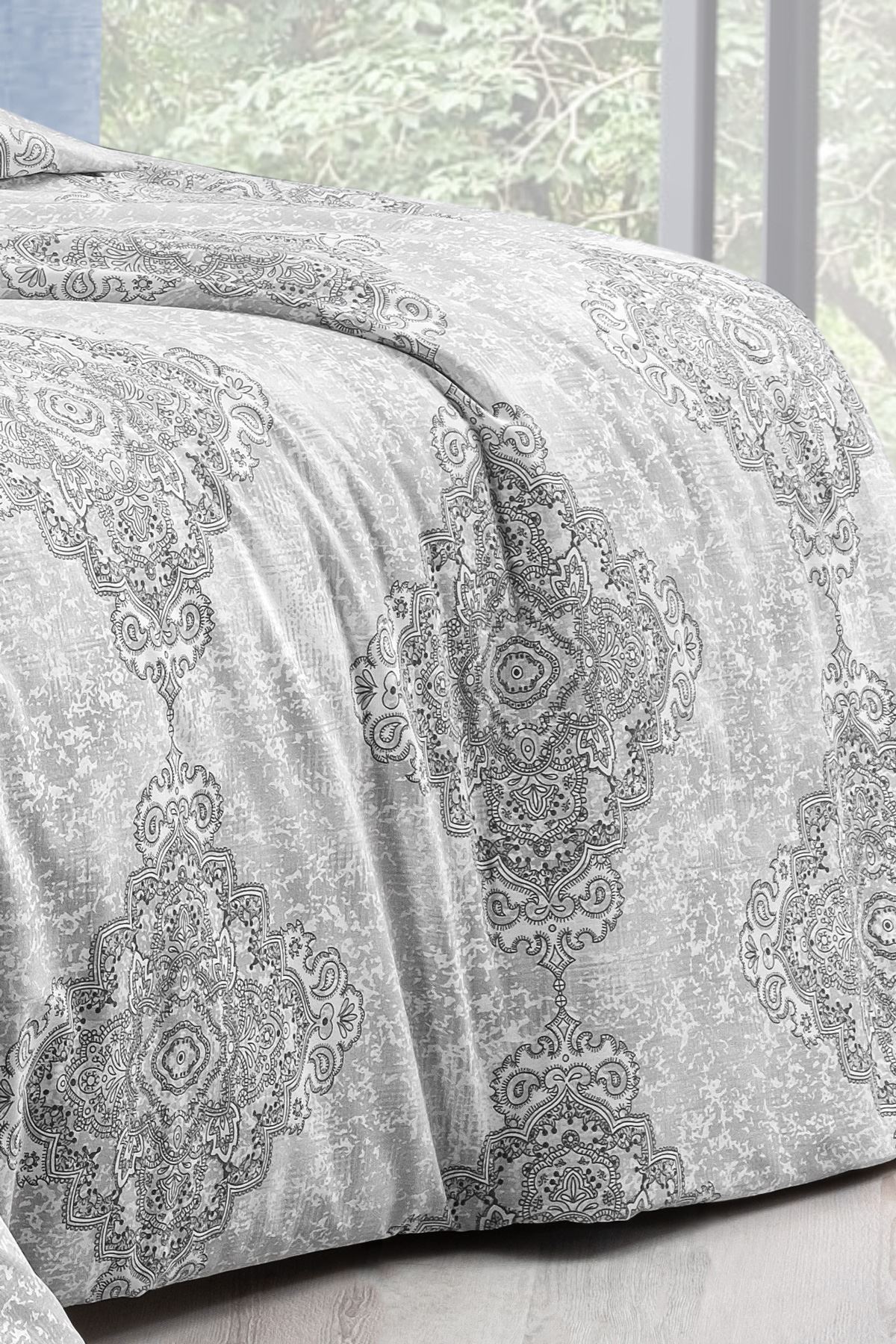 Aytunç Etnik Gri %100 Pamuklu Tek Kişilik Lastikli (Fitted) Nevresim Takımı 160x220 cm