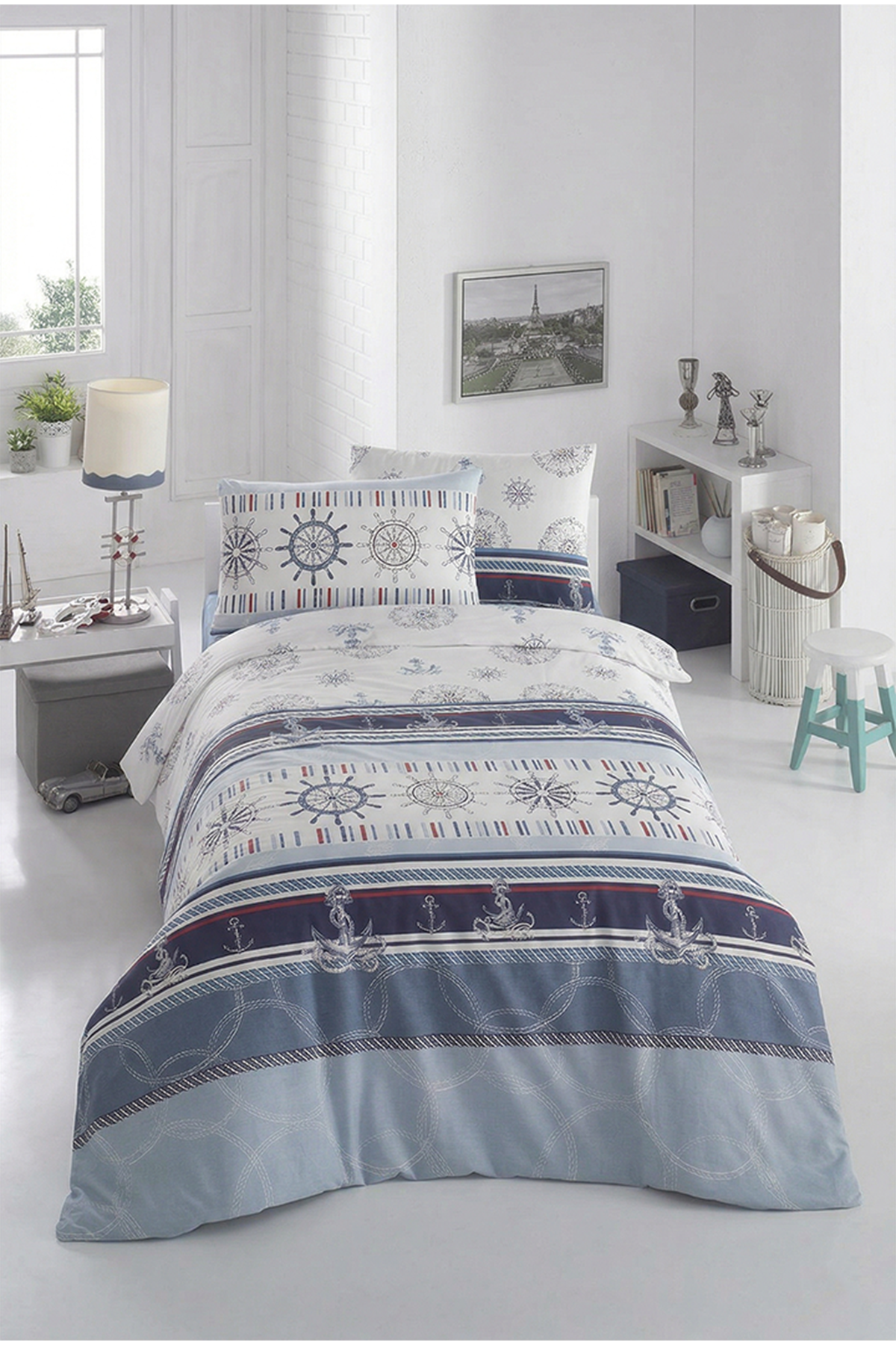 Marine %100 Pamuklu Tek Kişilik Lastikli (Fitted) Nevresim Takımı  160x220 cm