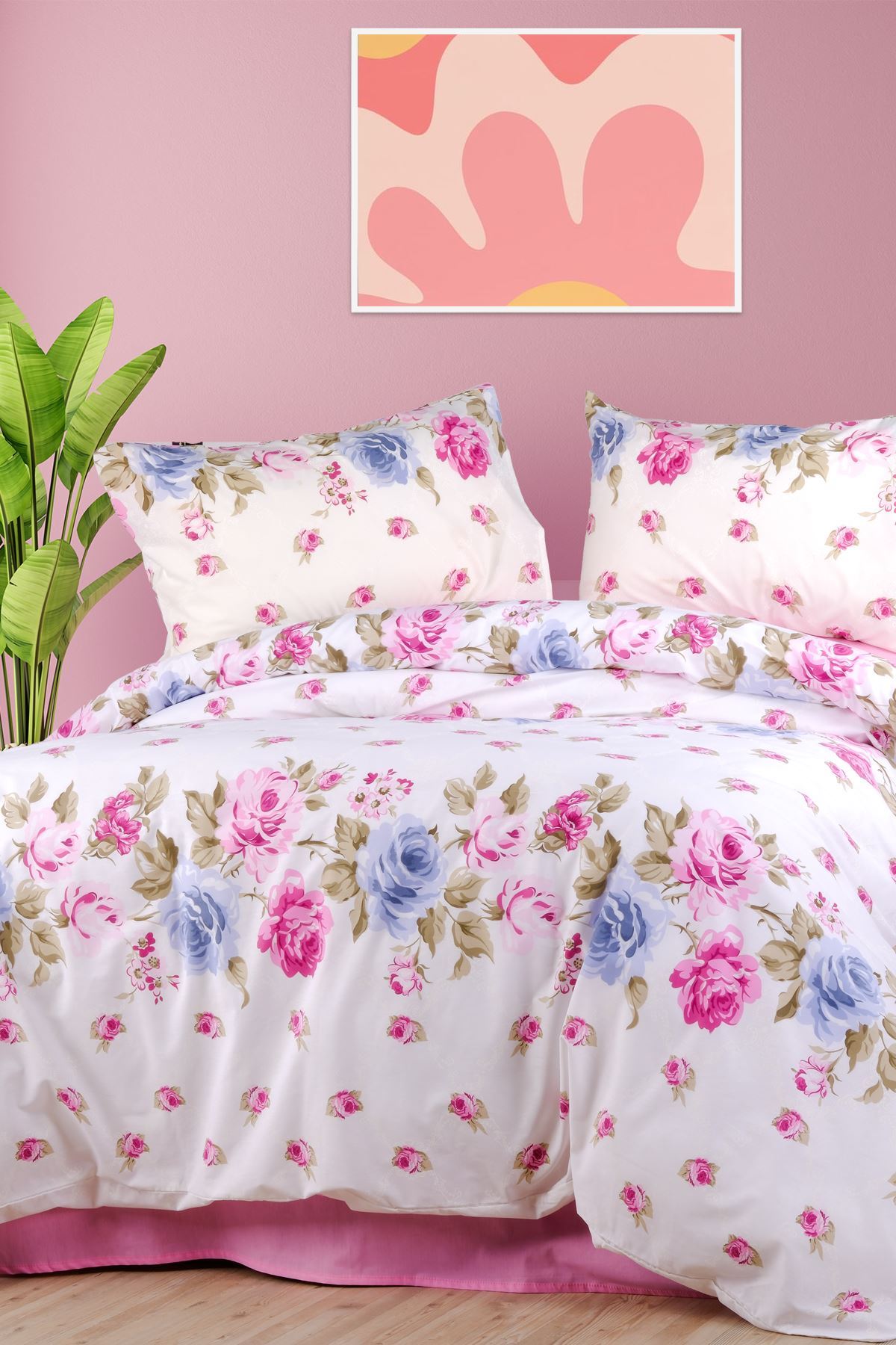 Aytunç Güllü %100 Pamuklu Çift Kişilik Lastikli (Fitted) Nevresim Takımı 200x220 cm