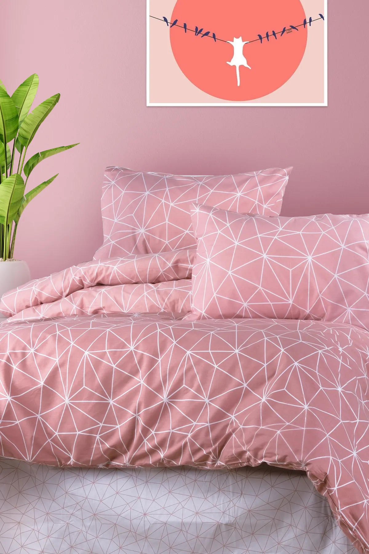 Aytunç Mavera %100 Pamuklu Çift Kişilik Lastikli (Fitted) Nevresim Takımı Pudra 200x220 cm