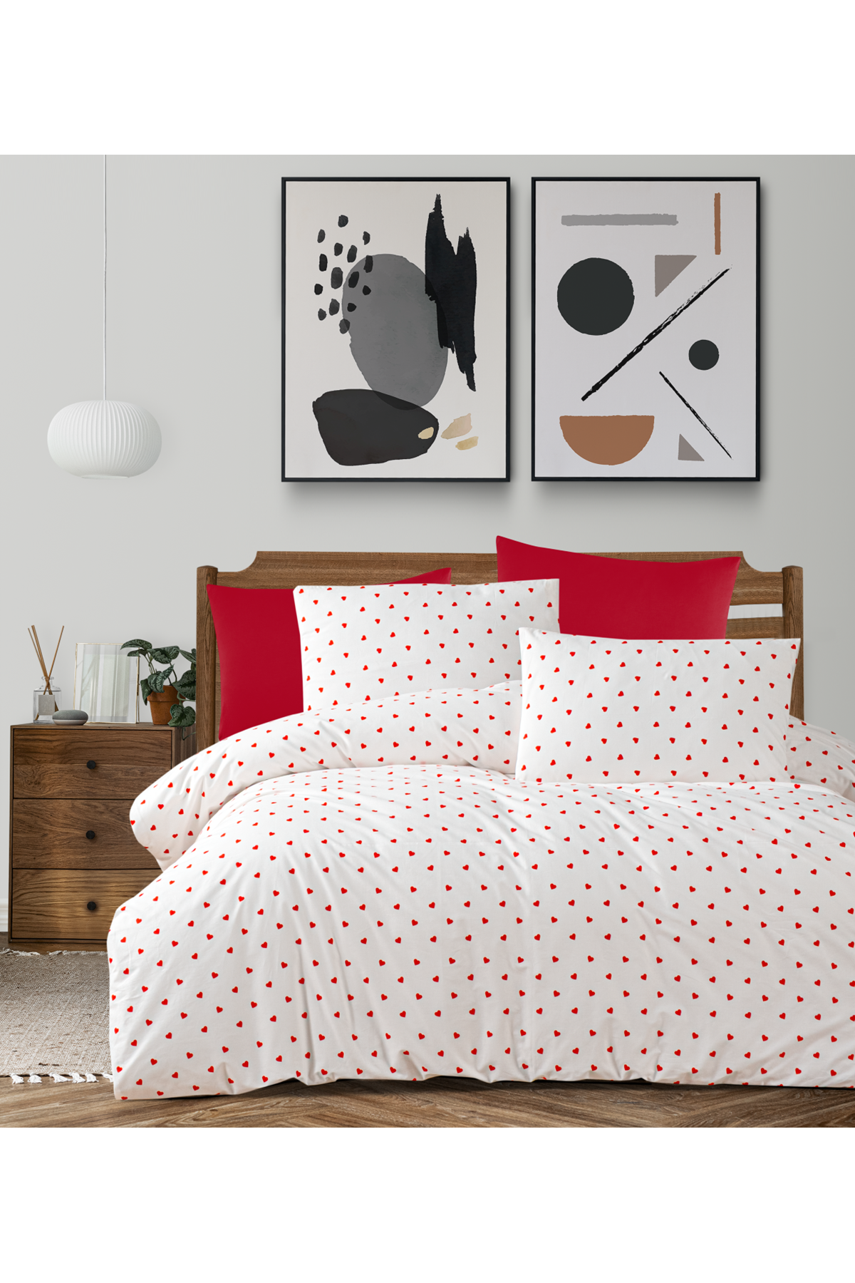 Sevgi %100 Pamuklu Tek Kişilik Lastikli (Fitted) Nevresim Takımı Kalpli Desen 160x220 cm