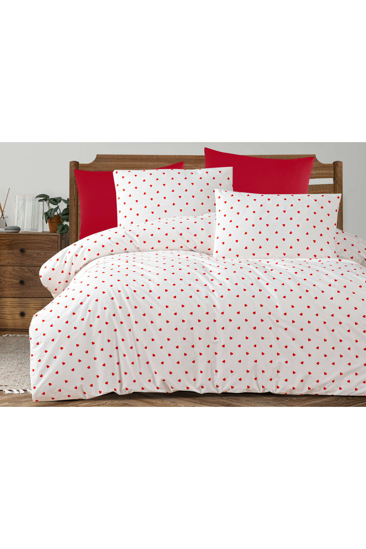 Sevgi %100 Pamuklu Tek Kişilik Lastikli (Fitted) Nevresim Takımı Kalpli Desen 160x220 cm