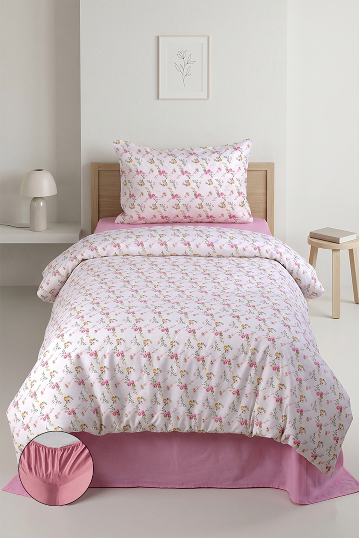 Aytunç Çiçek %100 Pamuklu Tek Kişilik Lastikli (Fitted) Nevresim Takımı 160x220 cm