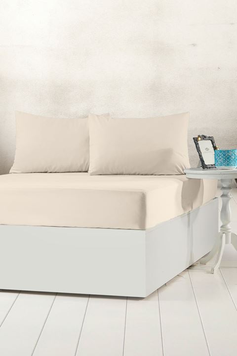 Aytunç Lisa Lastikli Fitted Krem Renk Çift Kişilik Yastıklı Çarşaf Seti