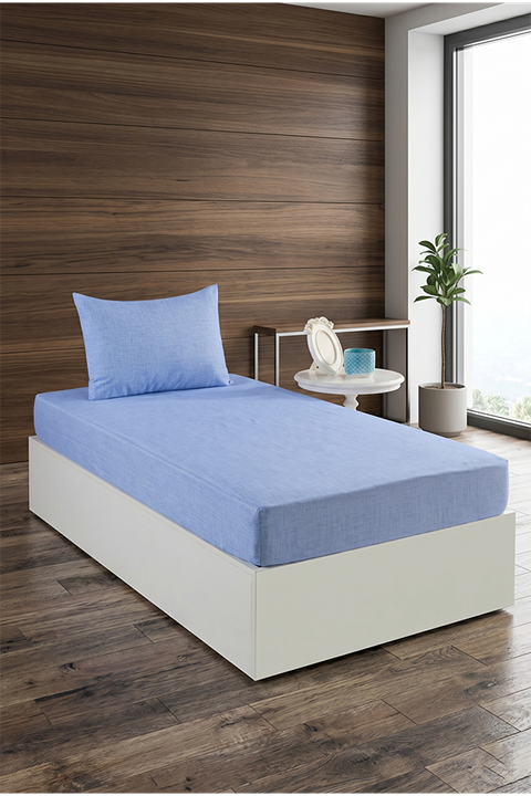 Tekstilla Rosa Lastikli Fitted Mavi Renk Tek Kişilik Yastık Kılıflı Çarşaf Seti