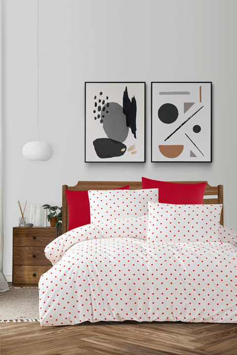 Sevgi %100 Pamuklu Çift Kişilik Lastikli (Fitted) Nevresim Takımı Kalpli Desen 200x220 cm