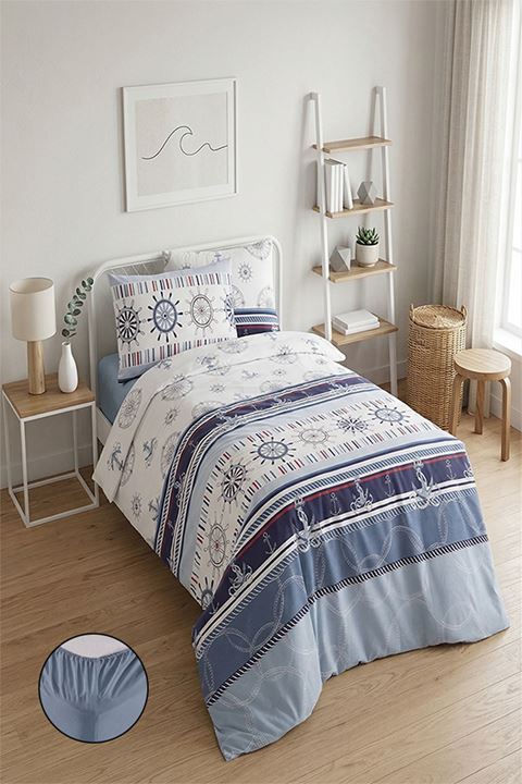 Marine %100 Pamuklu Tek Kişilik Lastikli (Fitted) Nevresim Takımı  160x220 cm